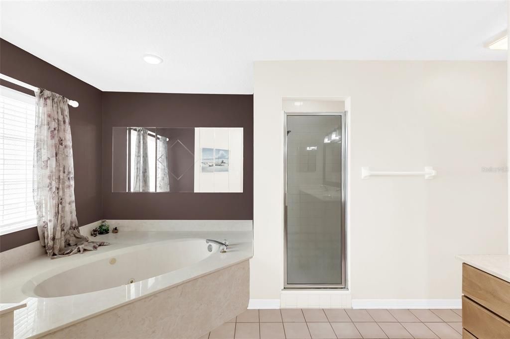 Soaker tub and walk in shower of Primary bathroom.