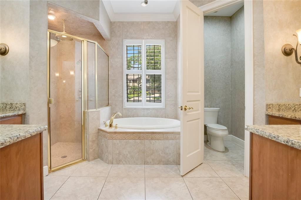Large soaking tub with separate shower with multiple shower heads and private water closet.