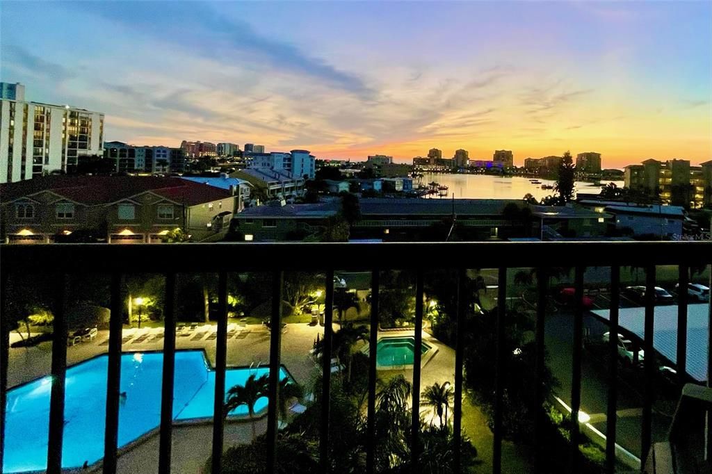 Sunset view over pool deck area
