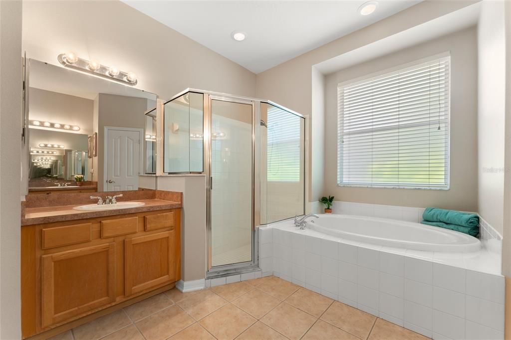 Separate Sinks, Shower & Garden Tub With Natural Window Lighting