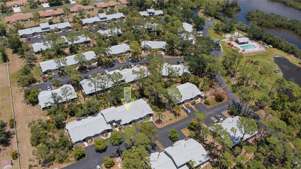 Aerial views of the neighborhood.  Yellow arrow shows #111.