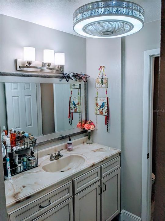 Primary Bathroom has tall cabinet with 3 deep drawers, new mirror, new light fixture, and new fan/light above on remote.