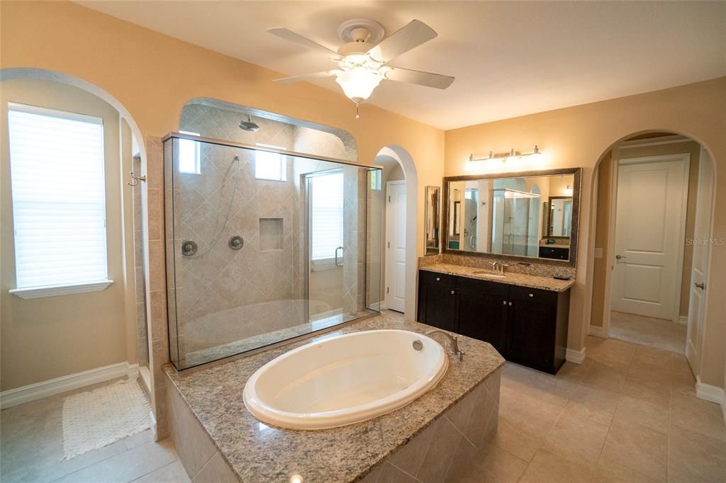 Master bathroom with soaking tub and two door shower
