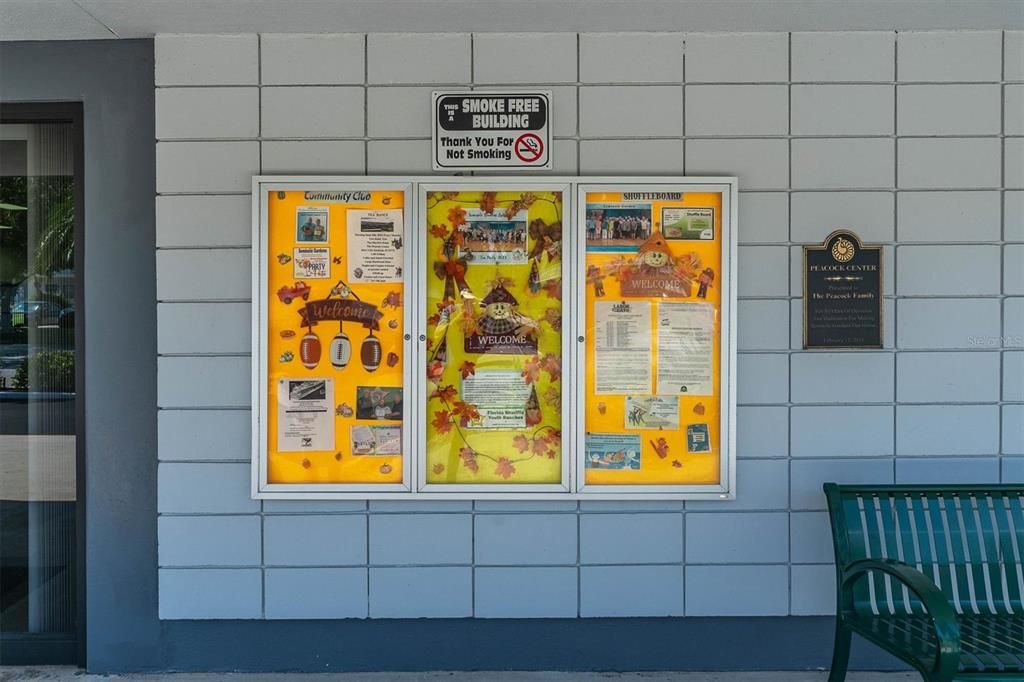 The main bulletin board at Peacock Center with the free shuttle schedule, activities and clubs posted here.