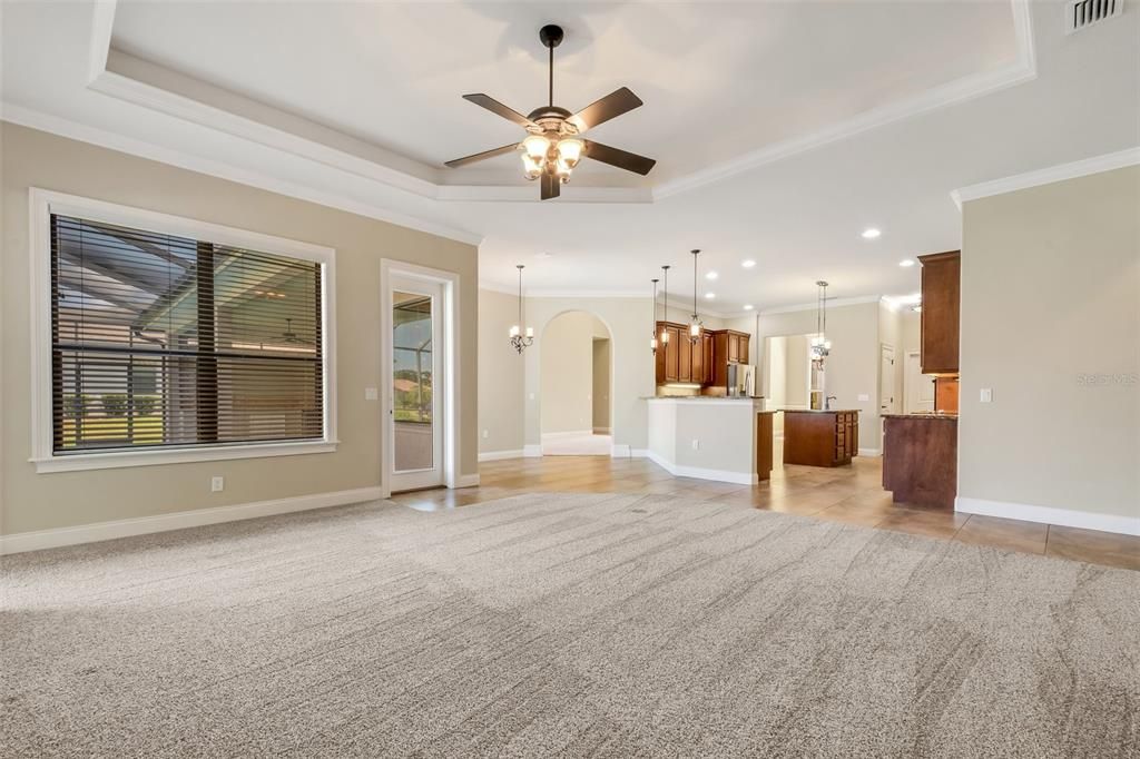 A view from the family room into the kitchen