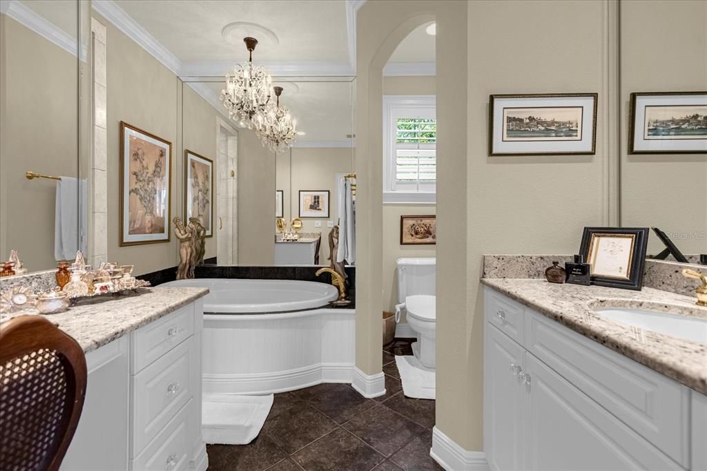 Primary bathroom, vanity is plumbed for a second sink.