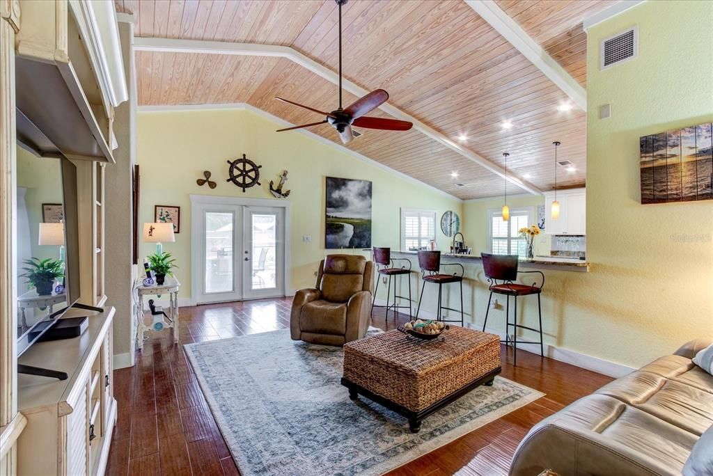 Great room with beautiful Shiplap ceilings