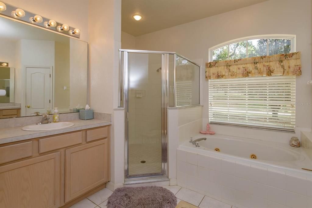 Primary Bath with separate shower, jacuzzi tub and water closet as well dual vanities.