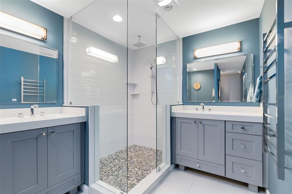 Primary Suite Bathroom with Shower, Dual Vanities and heated elements