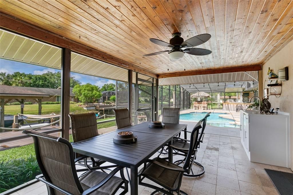 Rear Covered Lanai with wood plank ceiling