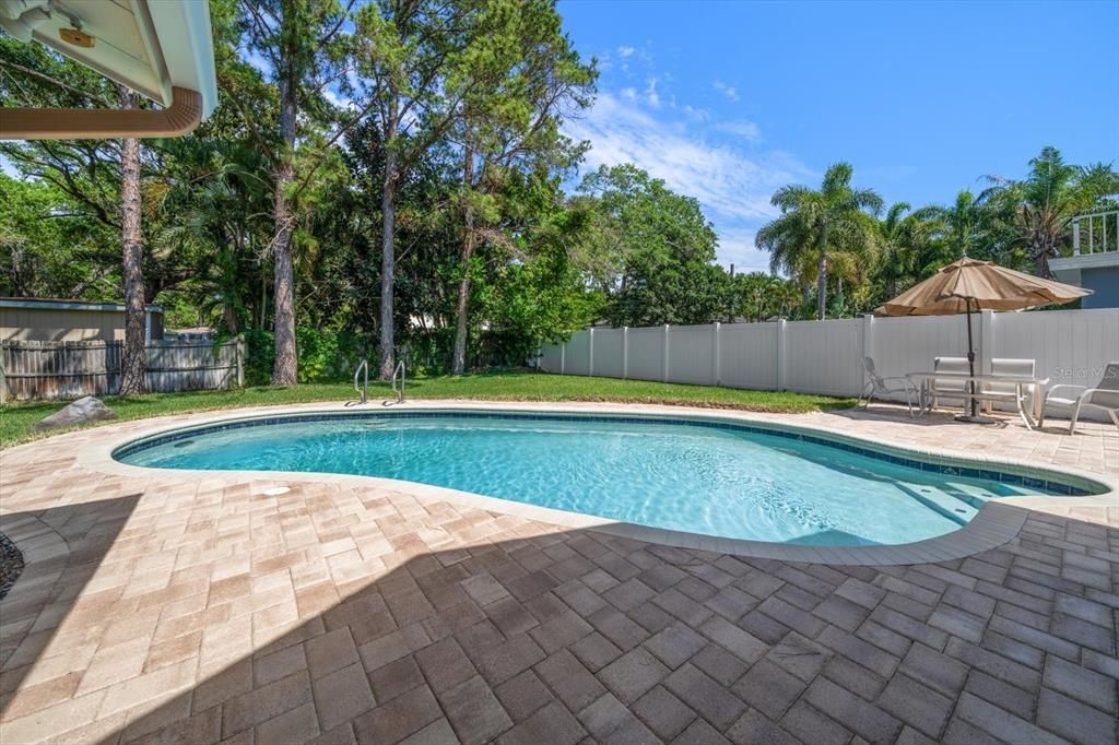 Large pool surrounded by brick pavers