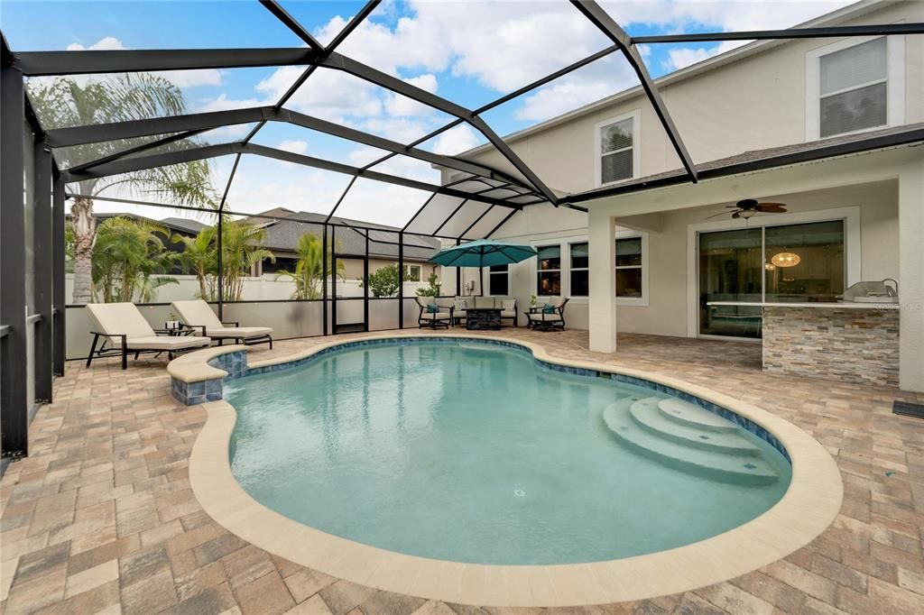 BEAUTIFUL RELAXING POOL FULL SCREEN ENCLOSURE AND GORGEOUS PAVER LANAI WITH NEW OUTDOOR KITCHEN!