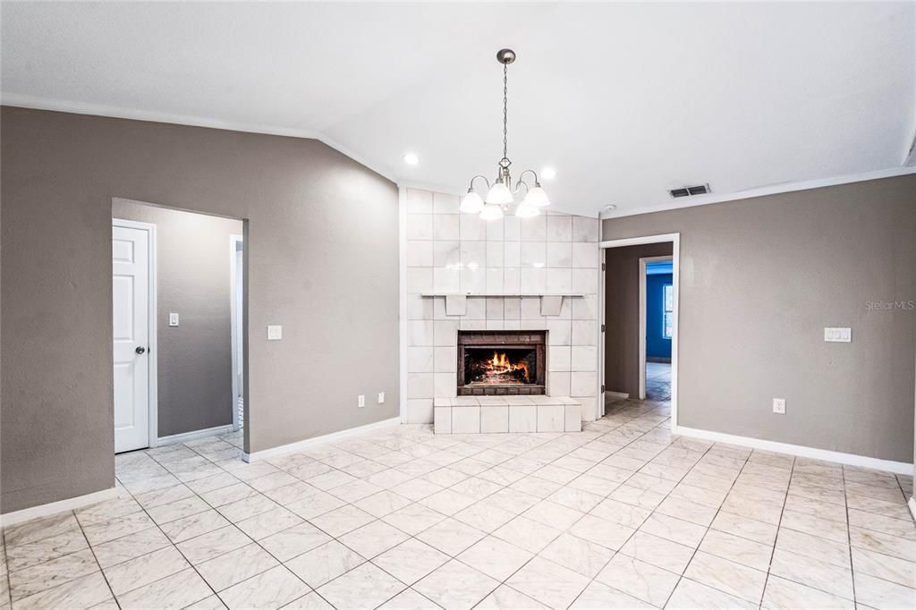 Family room with beautiful fireplace