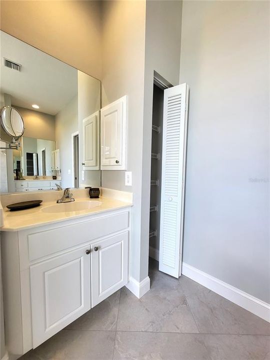 One of the two vanities, with Corian counter, storage and medicine cabinet.