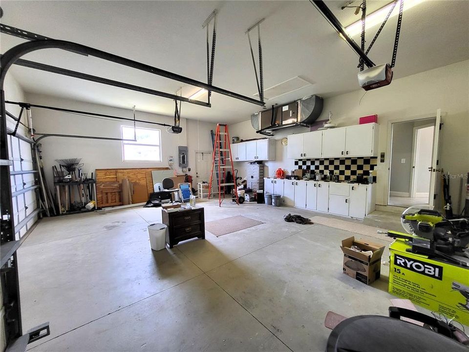 Built-in workbench and cabinets.