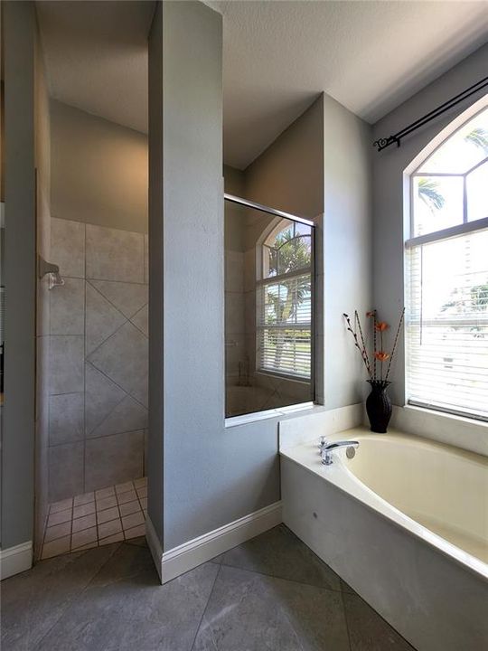 Window in shower adds natural light.