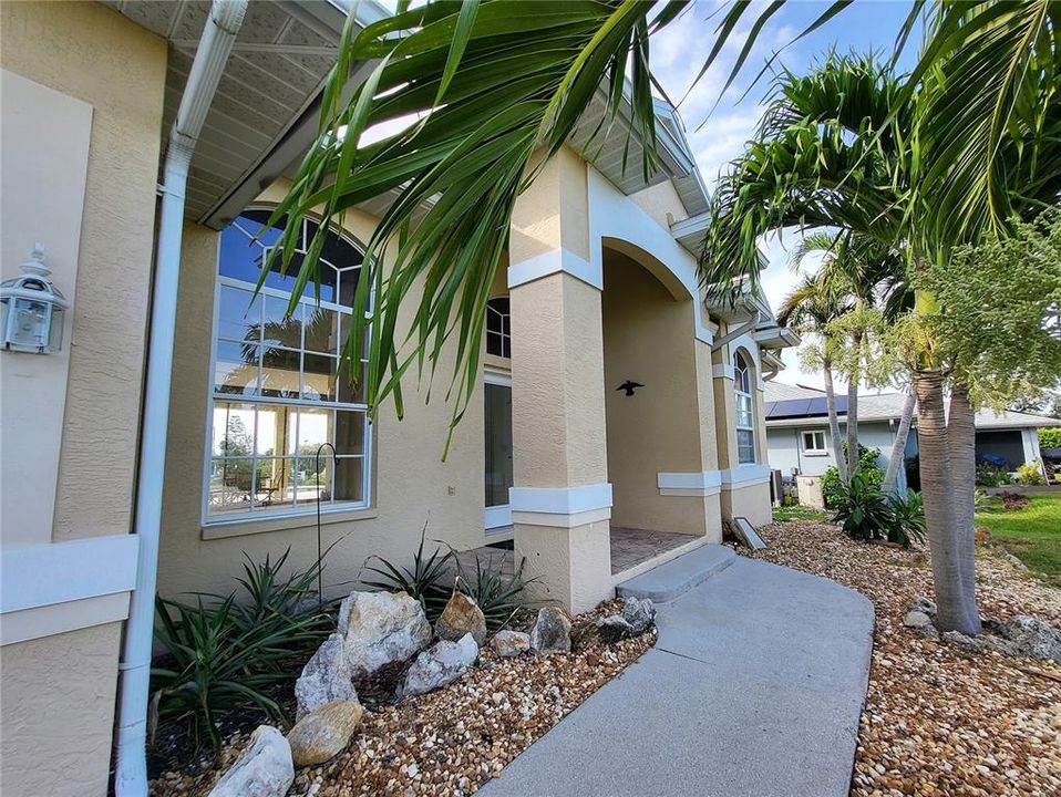 Established palms line the walkway.