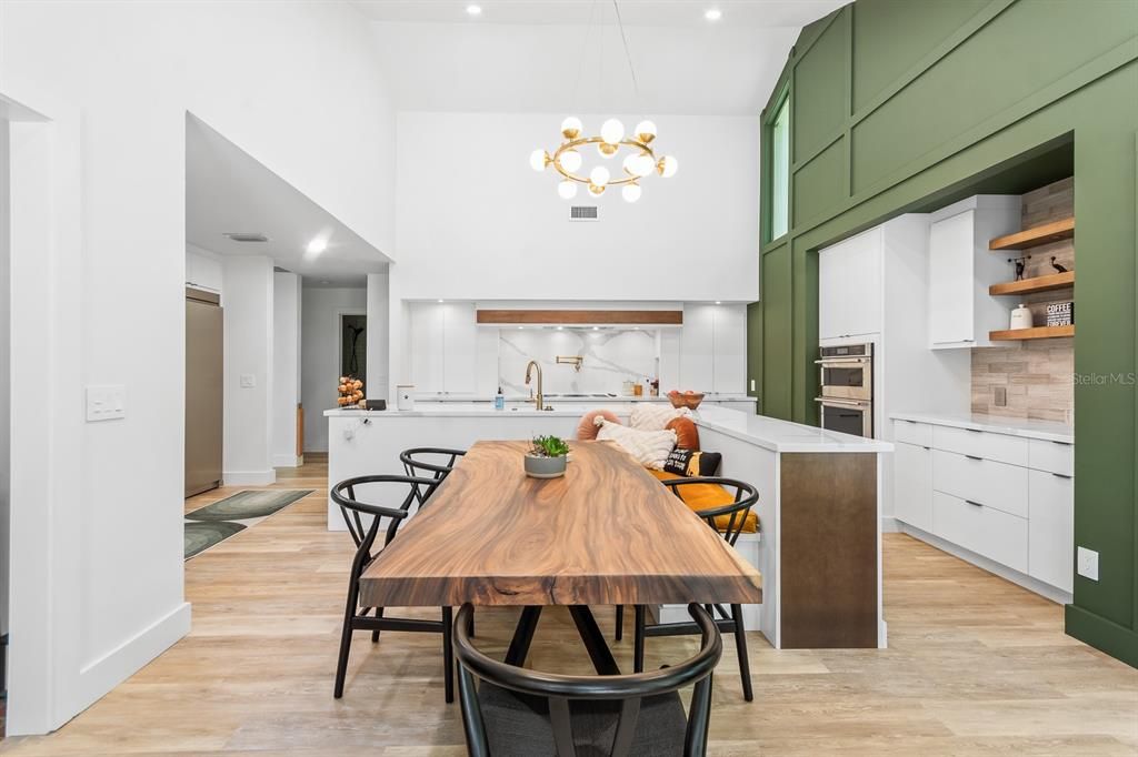 Vaulted ceiling and built-in banquet seating