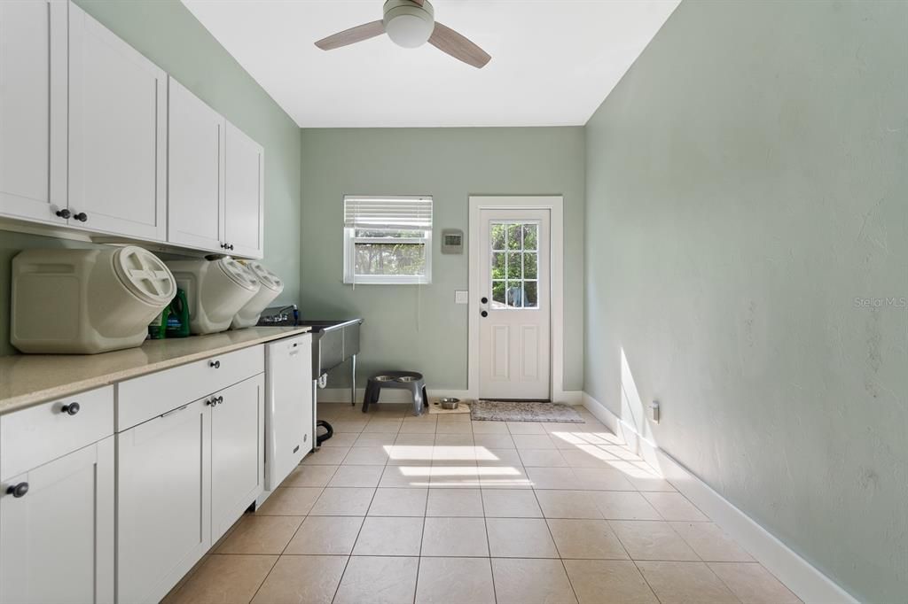 Large stainless wash tub and door to the exterior