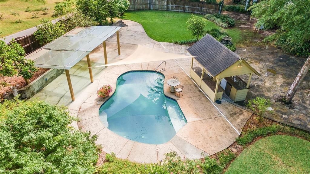 Pool with outdoor kitchen and glass atrium and extended patio