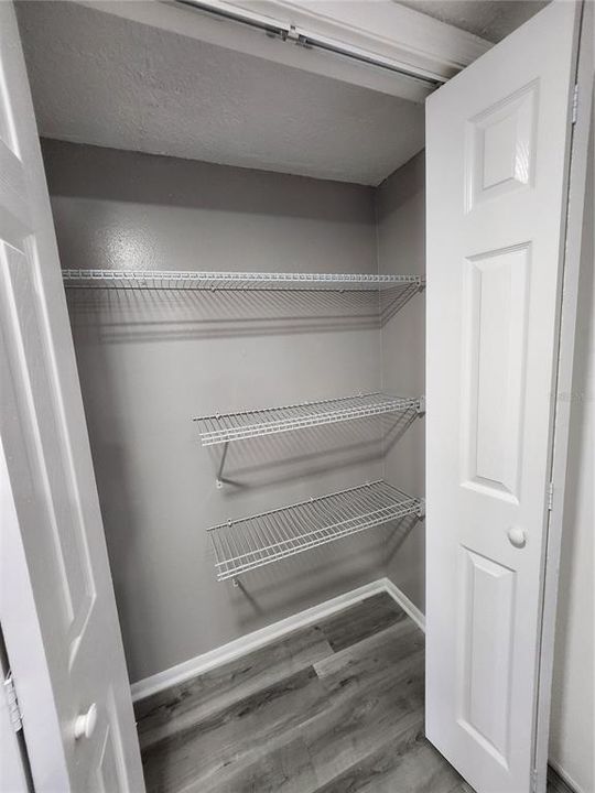 Pantry closet at front entrance with some space for hanging a jacket