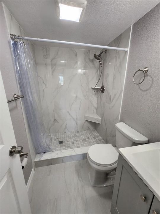 Ensuite bathroom with beautiful shower all with designer color porcelain. New toilet and Vanity