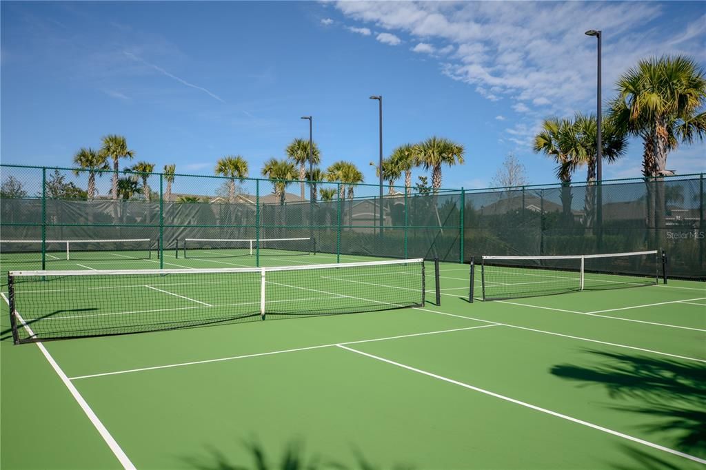 Pickleball is available for all levels. The courts are lighted for nighttime play.