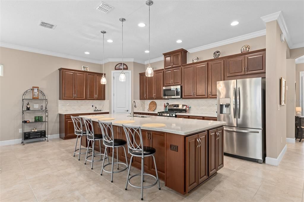A Beautiful Open Kitchen with plenty of cabinets and a Large Island