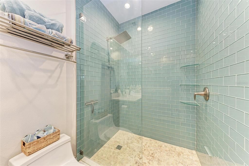 Glass enclosed, walk-in shower, with rain shower showerhead