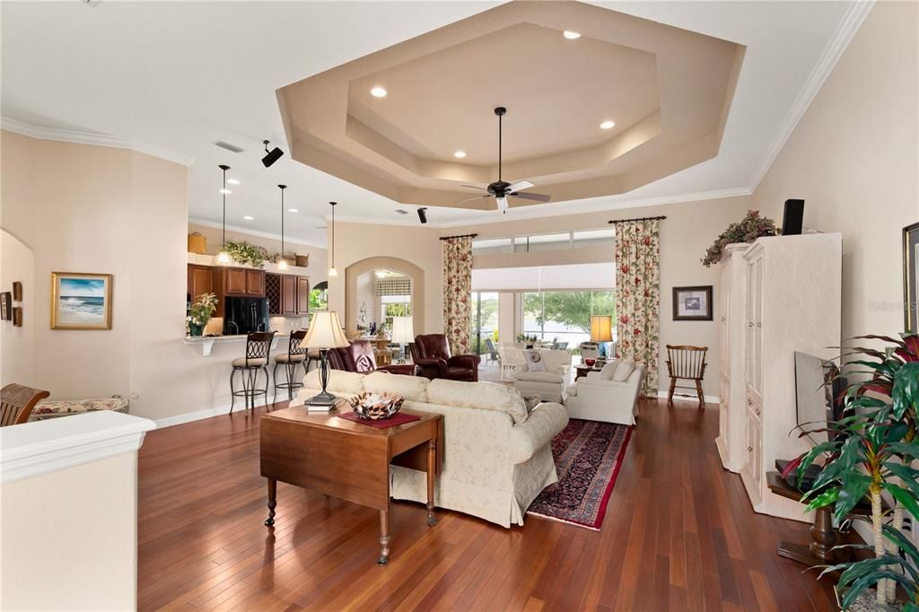 Spacious living room with double tray ceilings