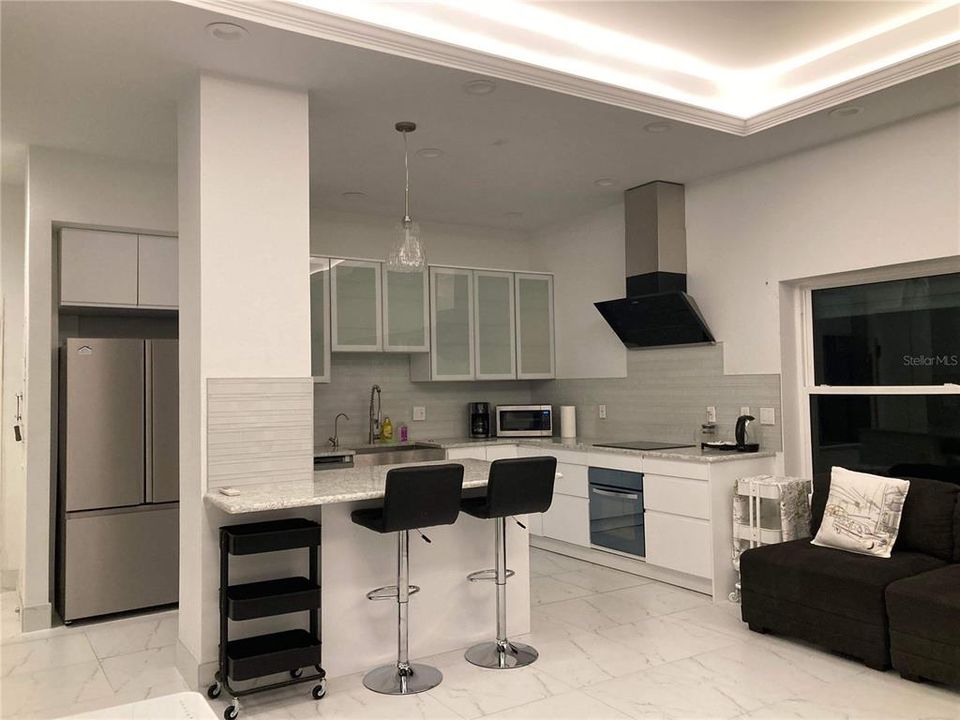 View of Sleek and Modern Kitchen from living area