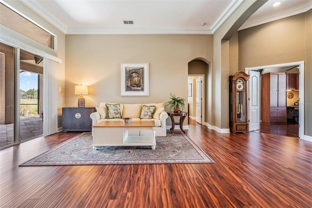 High ceilings with easy-care laminate flooring in the living room