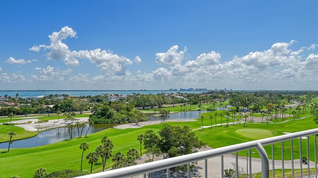 Longboat Key Club golf course, Sarasota Bay and the downtown cityscape.