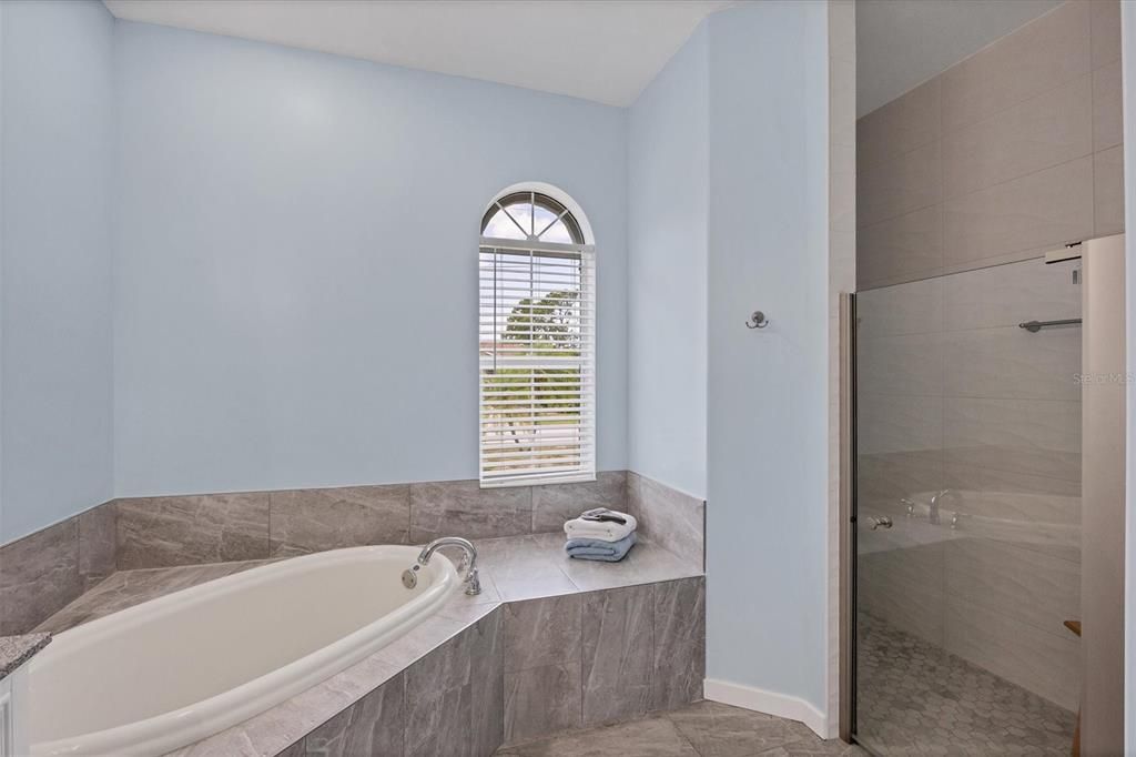 Soaking tub and walk-in shower in primary suite.