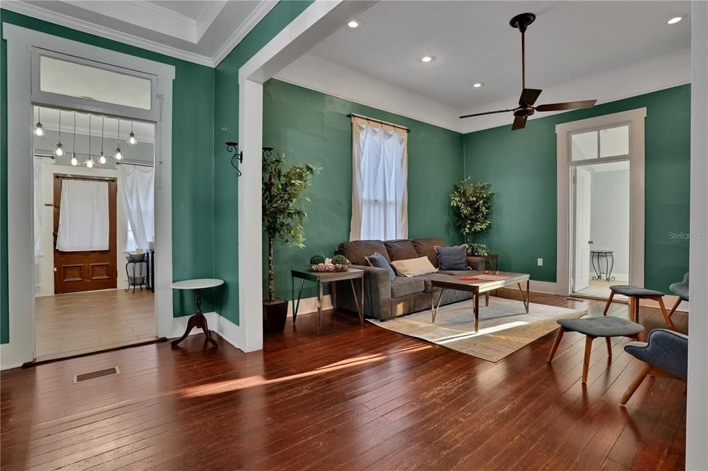 view from the hallway of the parlor and dinning room