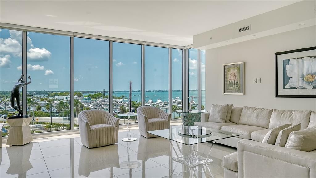 10' floor-to-ceiling windows in Great Room afford fabulous water views