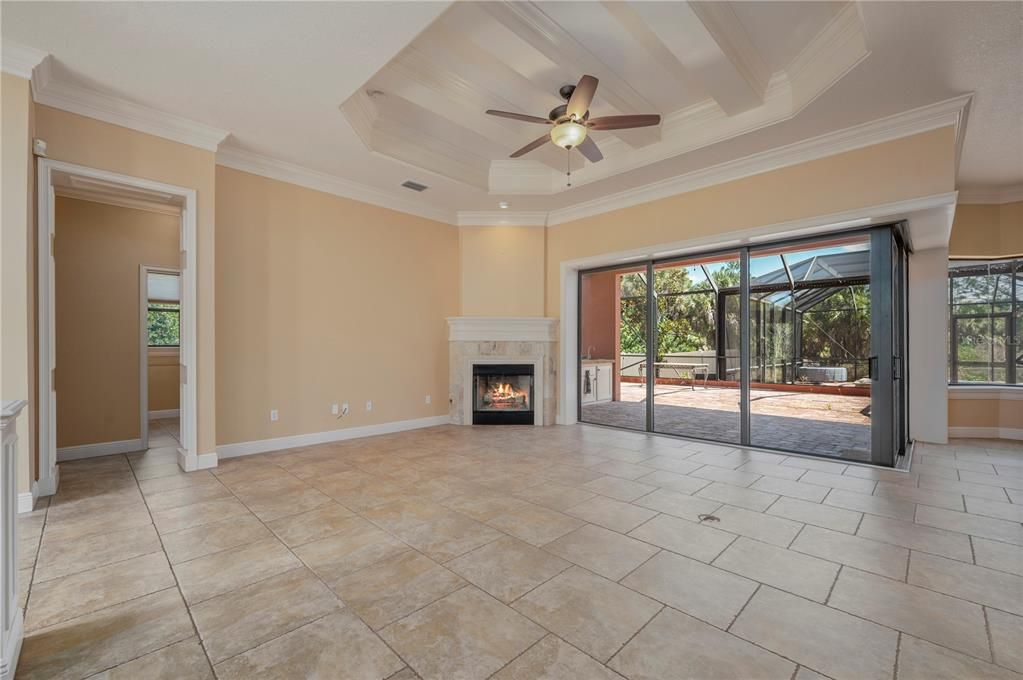 Living Room beautiful coffered ceiling.