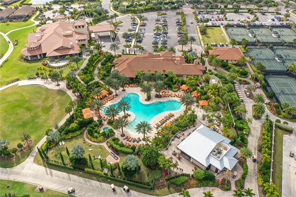 Aerial view of the Wellness Center and resort- style pool