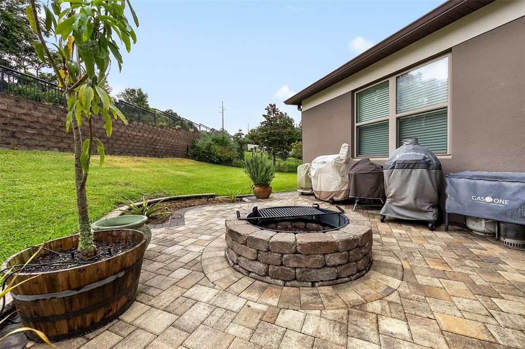 built-in firepit in the enormous backyard