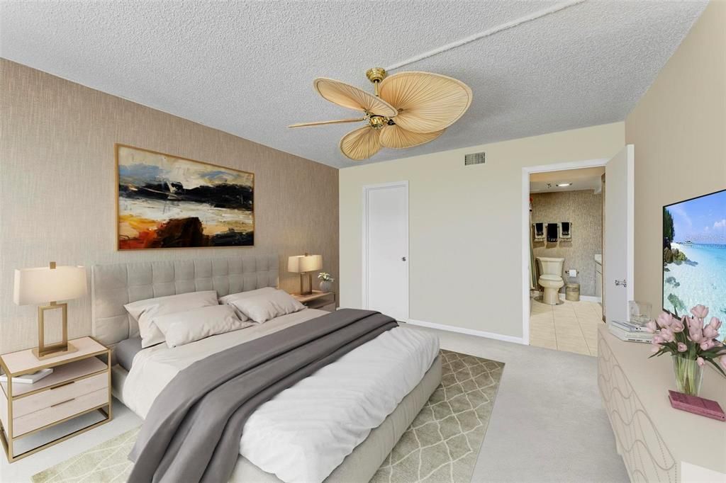 Virtually staged, spacious primary bedroom with bathroom and large walk-in closet.