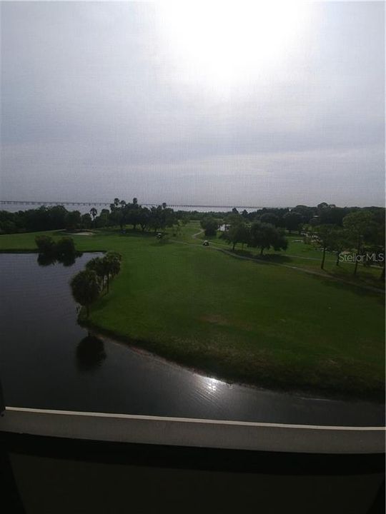 View from the balcony of Cove Cay premier golf course, pond, Tampa Bay and Bayside Bridge.  On a clear day you can see to downtown Tampa.