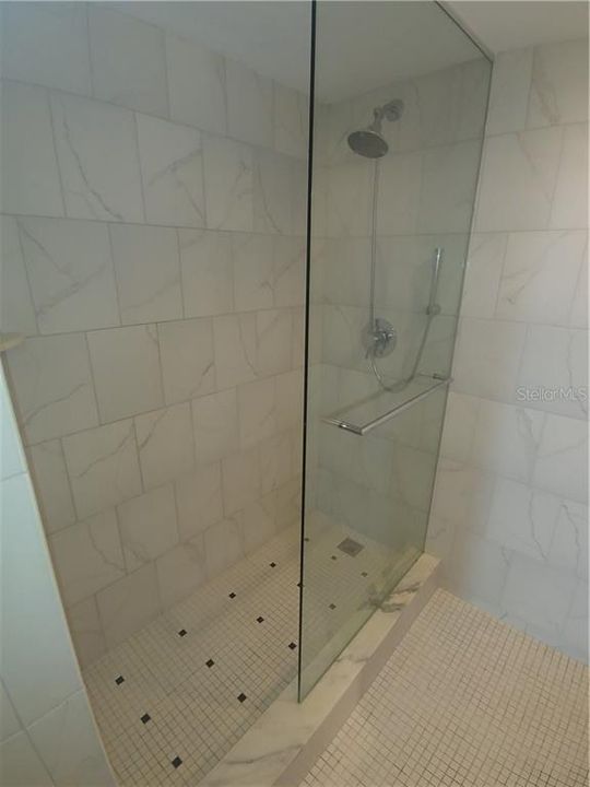 Walk-in shower with easy care glass panel.