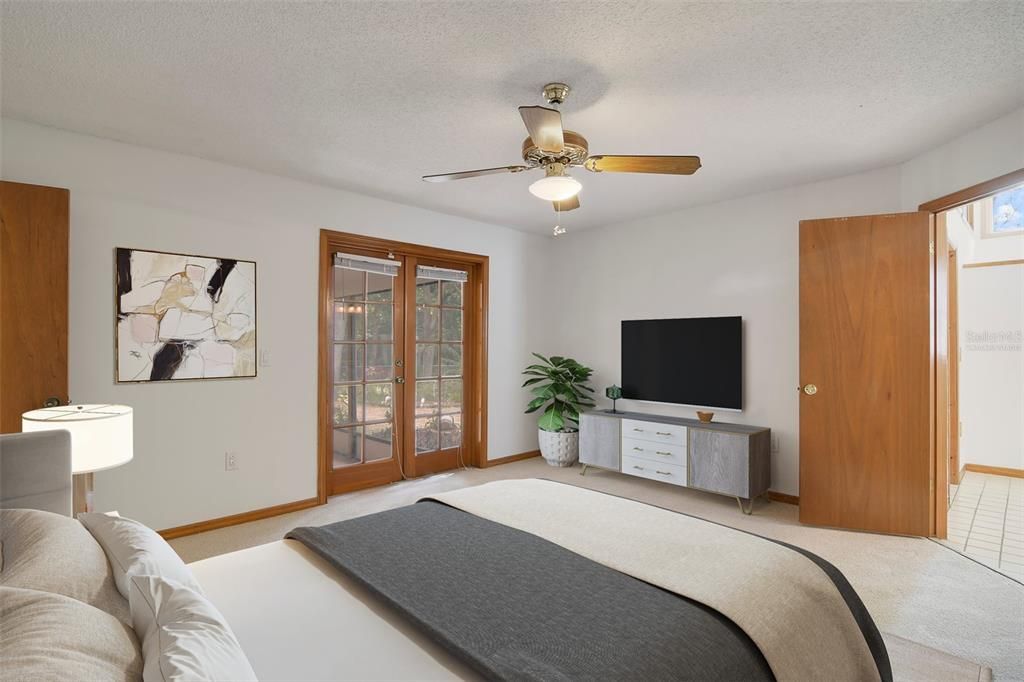 The SPLIT BEDROOM floor plan delivers a true retreat in the PRIMARY SUITE, behind double doors with its own access to the lanai, WALK-IN CLOSET, jacuzzi tub, oversized shower and of course the private flex space currently home to your own personal sauna! Virtually Staged.
