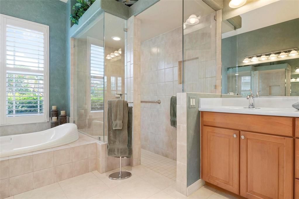 Primary bathroom with tub and walk in shower