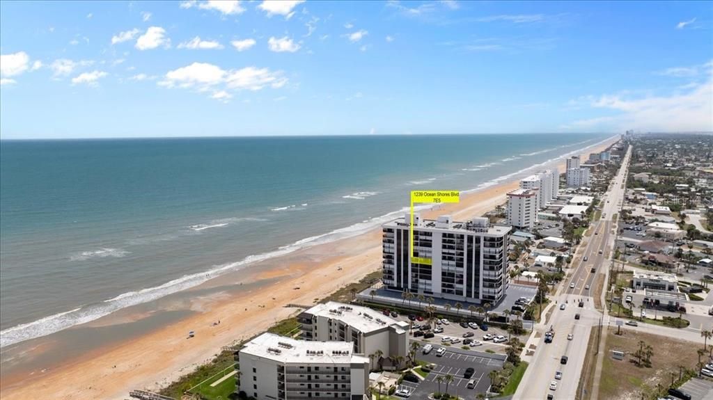 North aerial view highlighting 7E5 apartment at Gemini Condominium, Ormond Beach, Florida