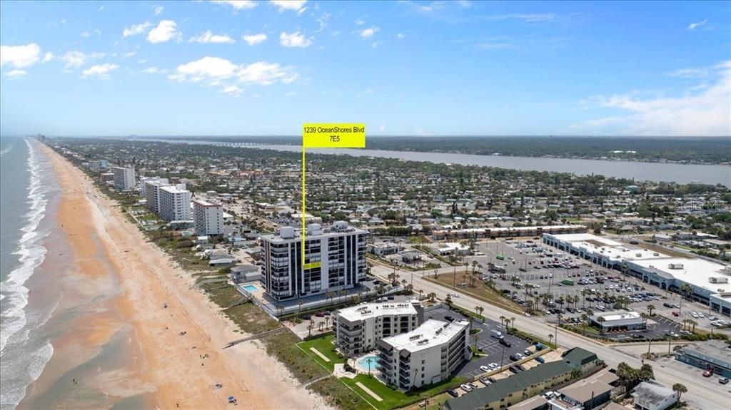 North aerial view highlighting 7E5 apartment at Gemini Condominium, Ormond Beach, Florida
