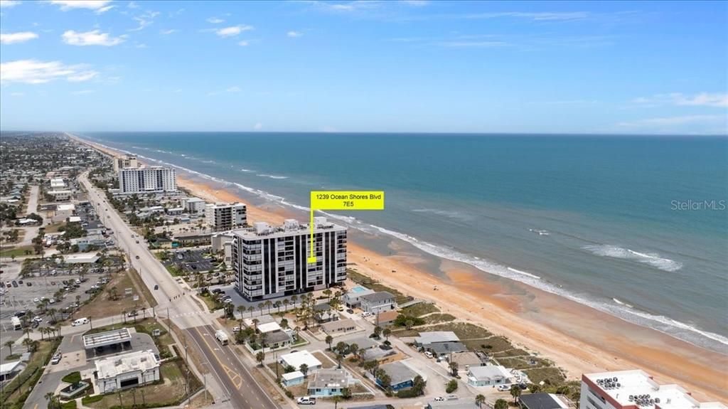 South aerial view highlighting 7E5 apartment at Gemini Condominium, Ormond Beach, Florida
