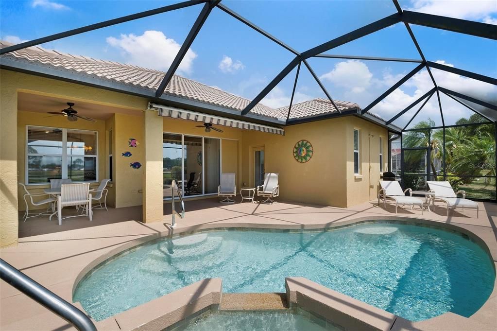 Pool, lanai with large, under roof seating area