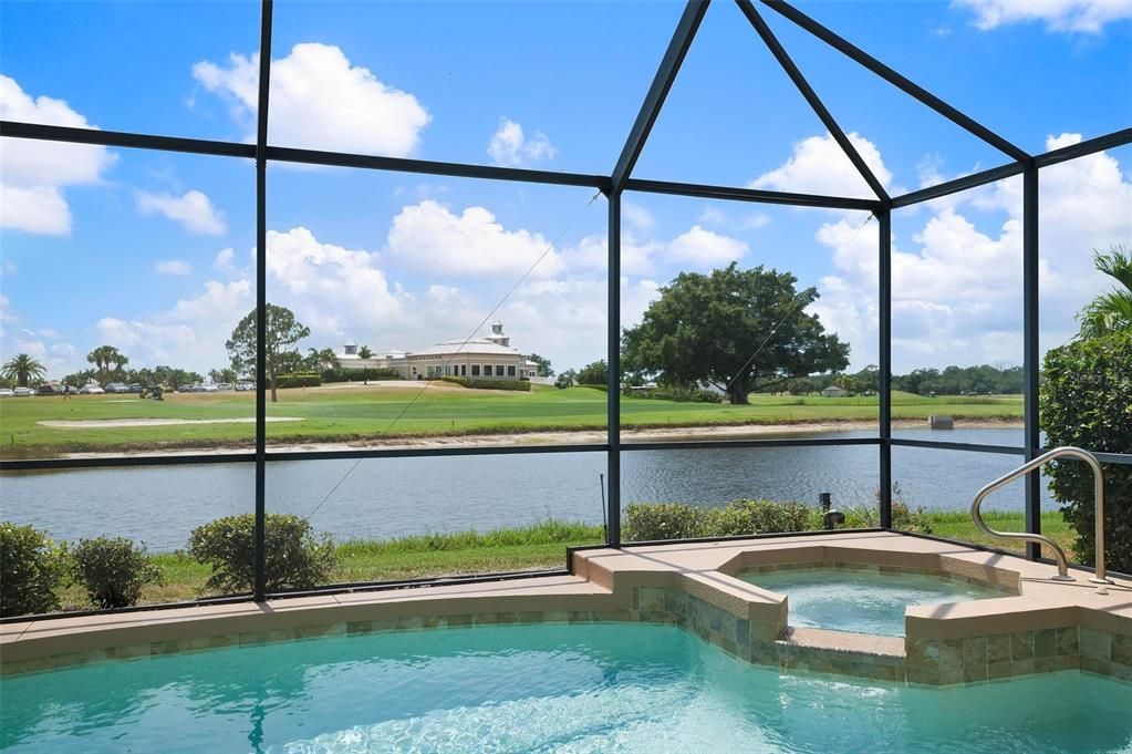 Heated pool/spa, lake, 18th hole, clubhouse in the distance