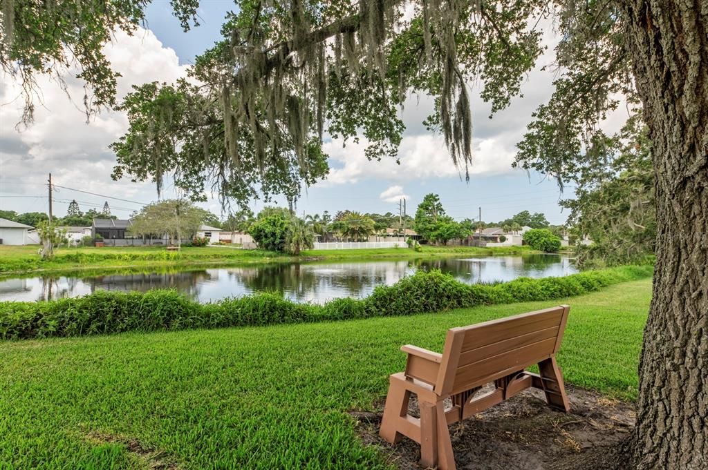 Sit under the shady oaks along the shore of the community lake